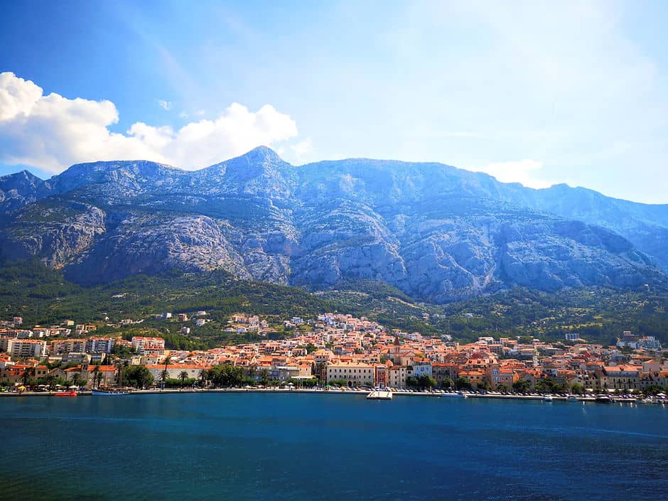 The town of Makarska stands at the base of Mont Biokovo in Croatia