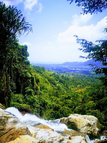 Views across thick green forests from the top of Na Mueang waterfall in Koh Samui.
