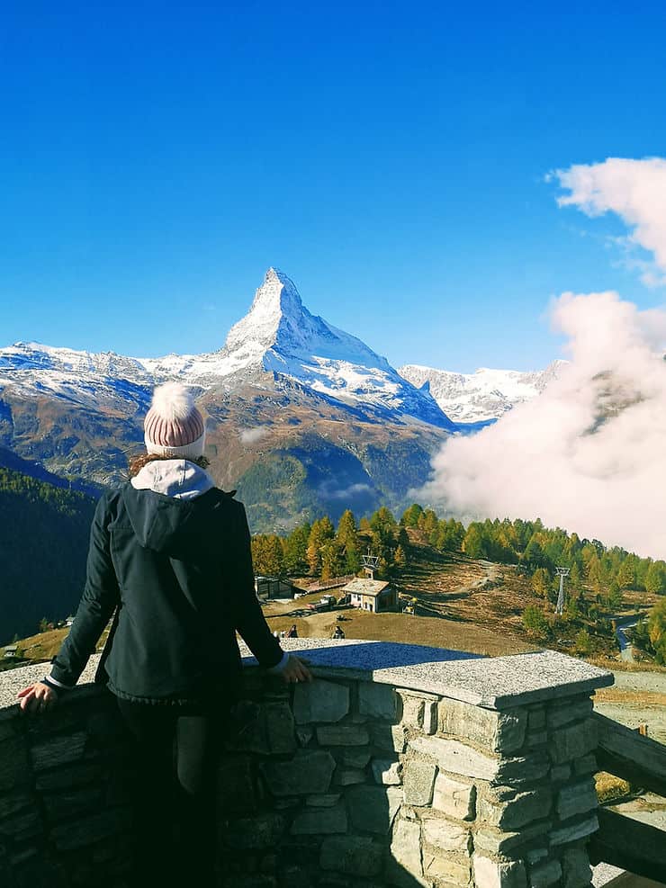 The view of the Matterhorn from the Sunnegga terrace in Zermatt, Switzerland 