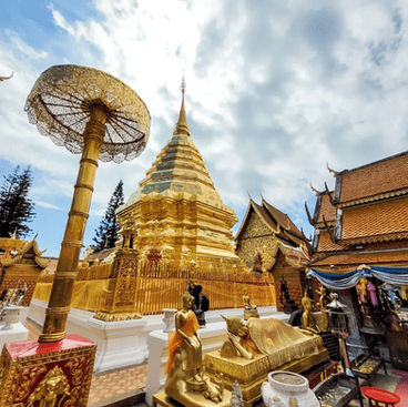 A shiny gold pagoda sits in the centre of gold-tiled temple buildings 