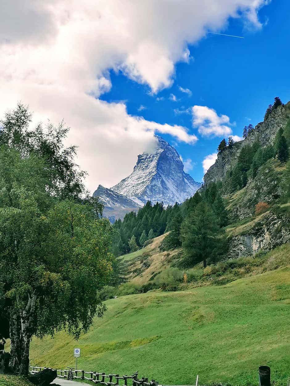 The Matterhorn from the edge of Zermatt main town 