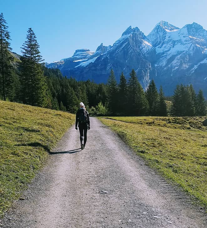 The start of the hiking trail to Oeschinensee in Kandersteg, Switzerland 