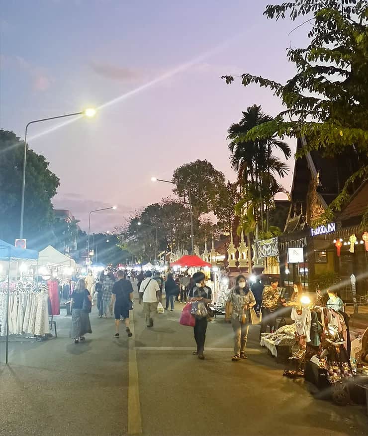 Market stalls line either side of the street for Chiang Mai's sunday night market, which is closed to traffic