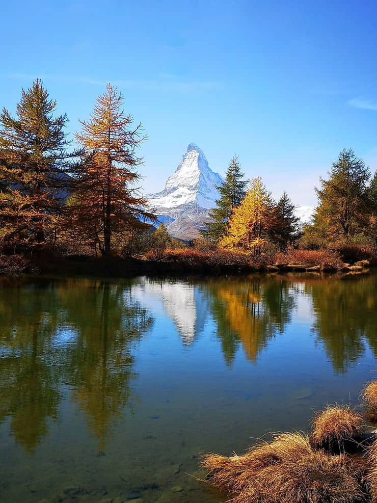 The Matterhorn reflecting in Grindjsee on the 5 Lakes Walk, Zermatt 