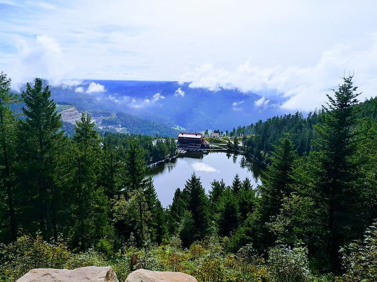 Looking down onto Mummelsee and the Berg hotel , surrounded by tall green fir trees in Germany's Black Forest.
