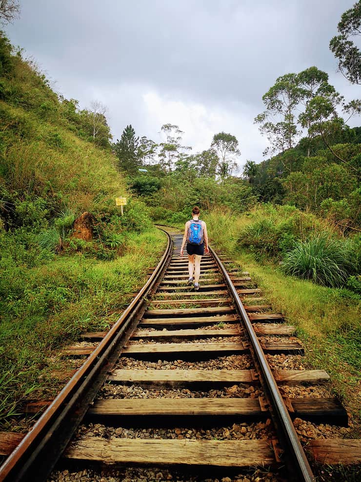 Walking along the train track towards the Nine Arch Bridge in Ella, Sri Lanka 