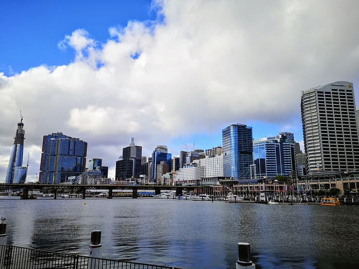 Views of skyscrapers across Darling Harbour in Sydney, Australia