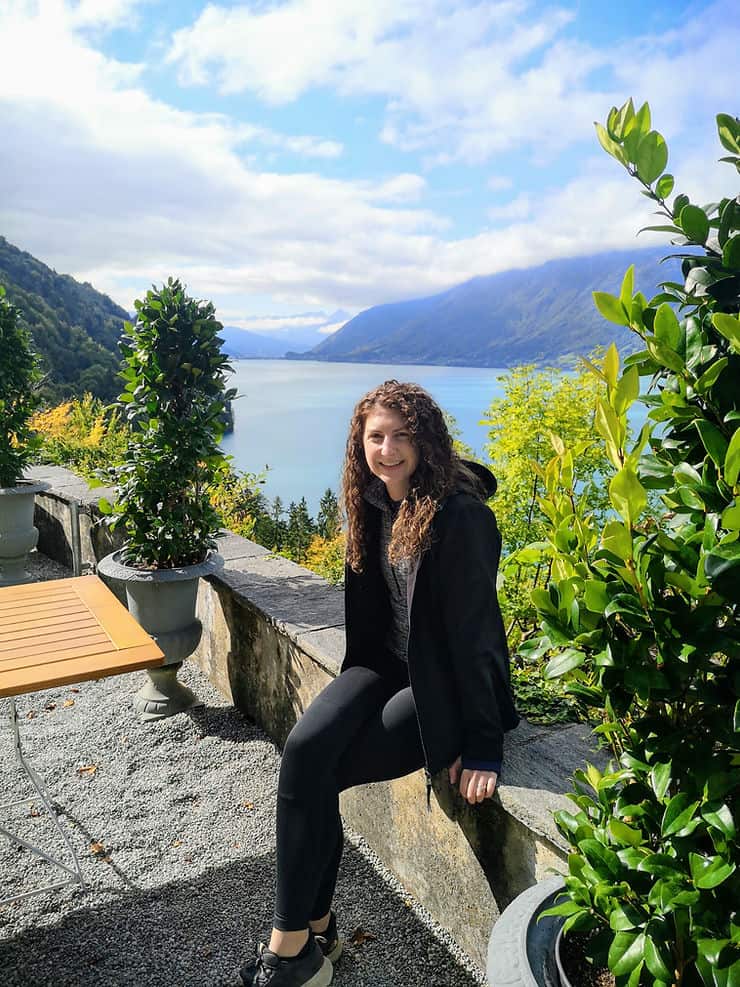 Sitting on the terrace of the Grand Giessbach hotel, Switzerland