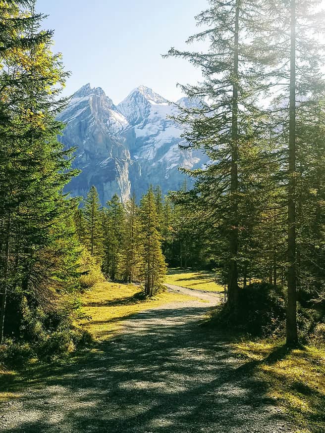 The start of the hiking trail to Oeschinensee in Kandersteg, Switzerland 