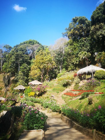 Straw seating areas sit amongst the flower garden in Hmong hilltribe village