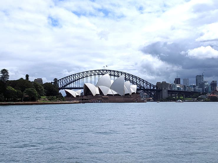 Looking across to the Sydney Opera House and Harbour Bridge from Mrs Macquarie's viewpoint