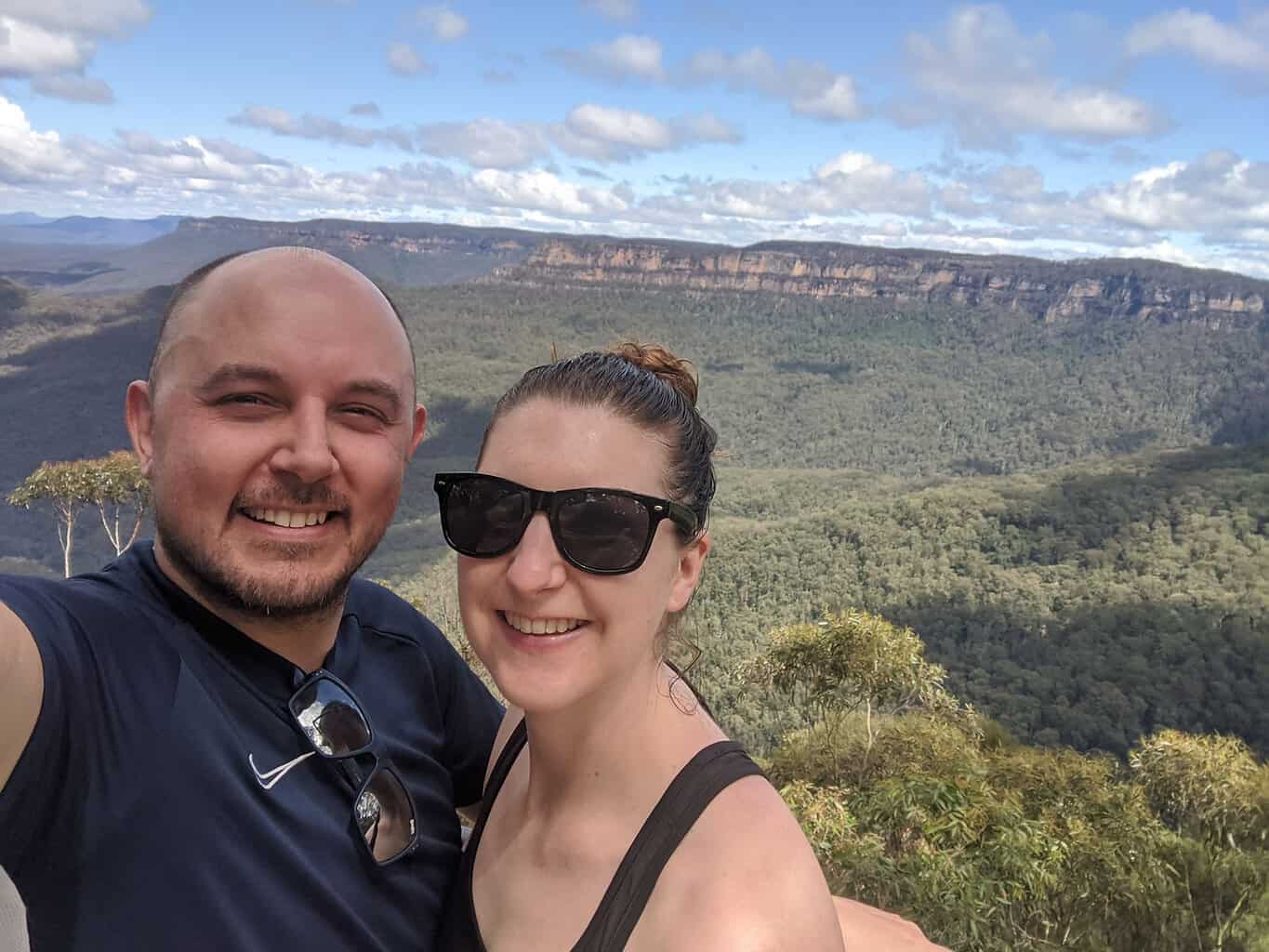 Standing at Echo Point viewpoint with sweeping views across the valley of the Blue Mountains National Park