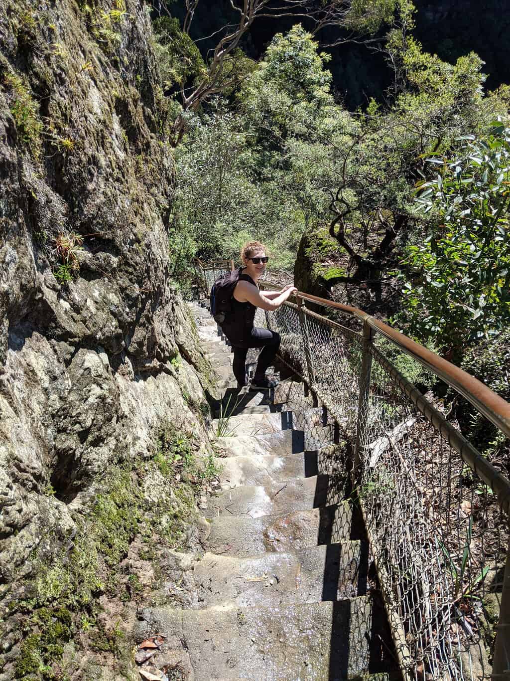 Making my way down the side of the mountain by taking the incredibly steep Furber steps in the Blue Mountains National Park