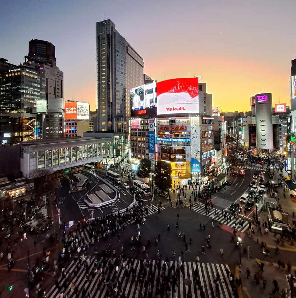 Tokyo's Shibya crossing at sunset