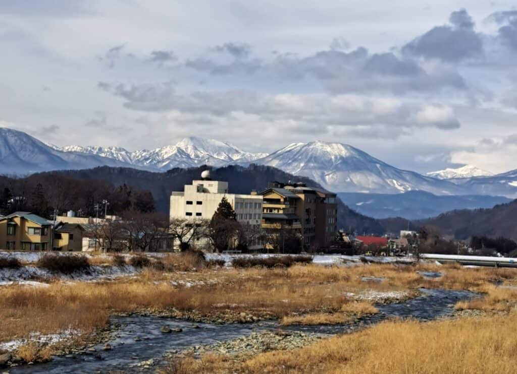 Yudanaka Village surrounded by mountains in Japan
