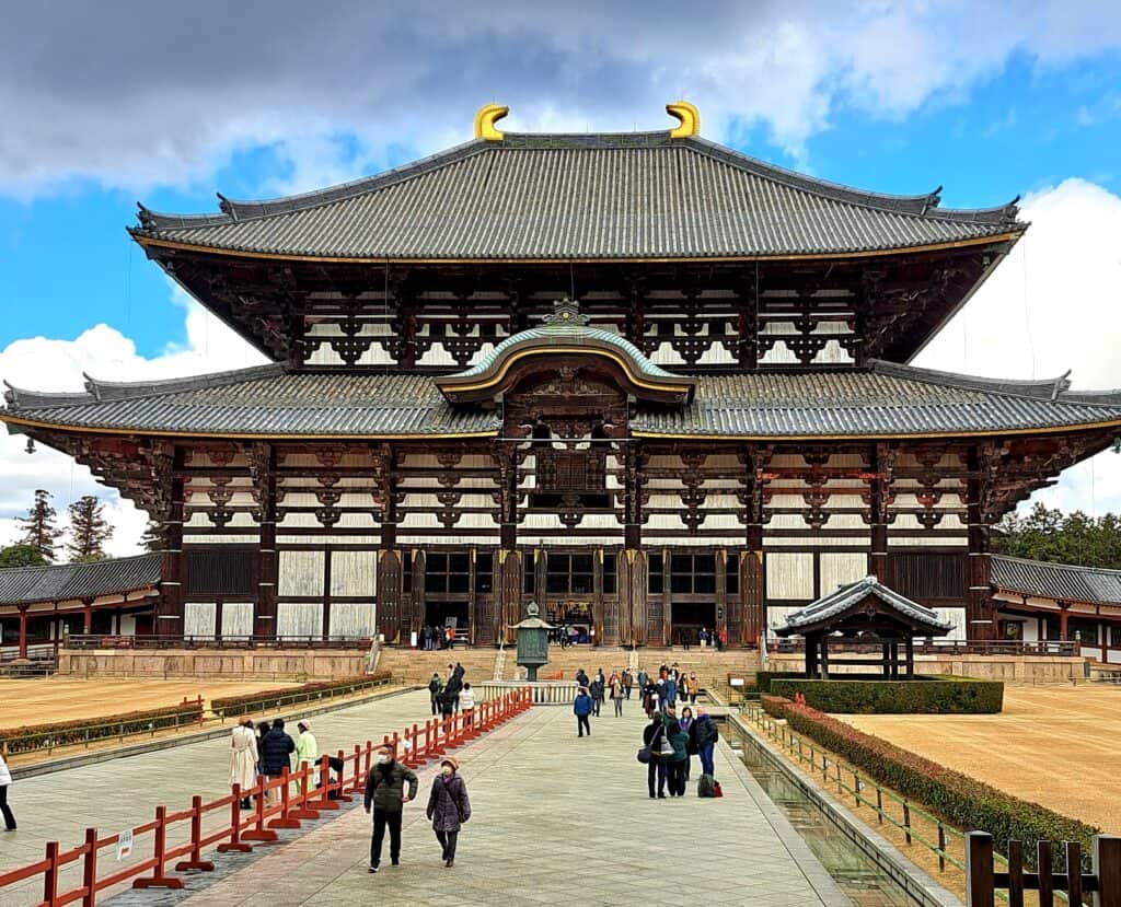 The traditional wooden temple building of Todai-ji Kondo Hakkaku Toro in Nara Park, Japan