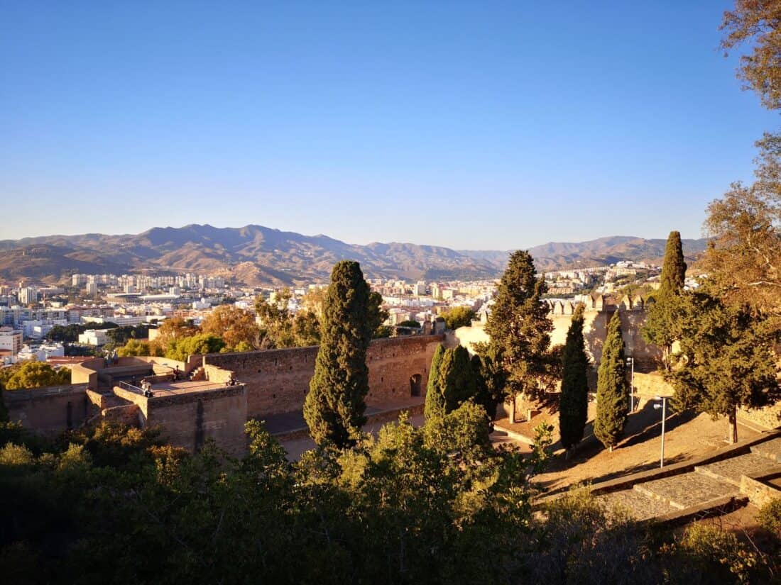 View of Malaga's rooftops and surrounding mountain ranges from Gibralfaro castle