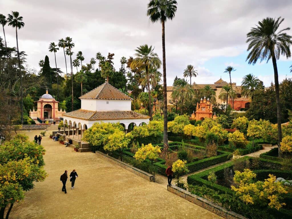 Tall palm trees and manicured shrubbery in the landscaped gardens of Seville's Royal Alcazar