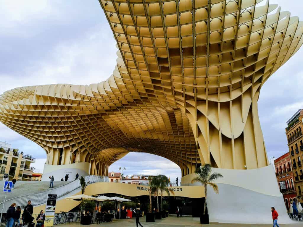 Setas de Seville is a large honeycomb structure which houses a n indoor market. A viewing platform runs around the edge of the structure and a pedestrianised area sits underneath
