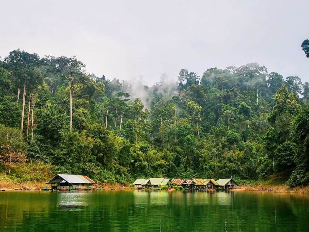 Small wooden huts with tin roofs perch on the shoreline of a lark in Khao Sok national Park, Thailand